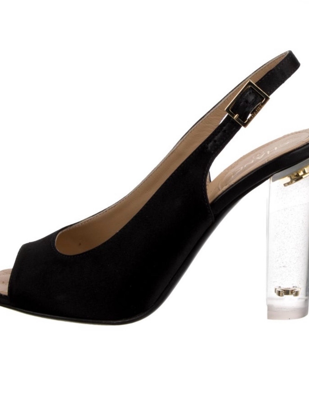 CHANEL Black Slingback Peep-Toe Pumps with Clear Block Heel and Gold Buckle